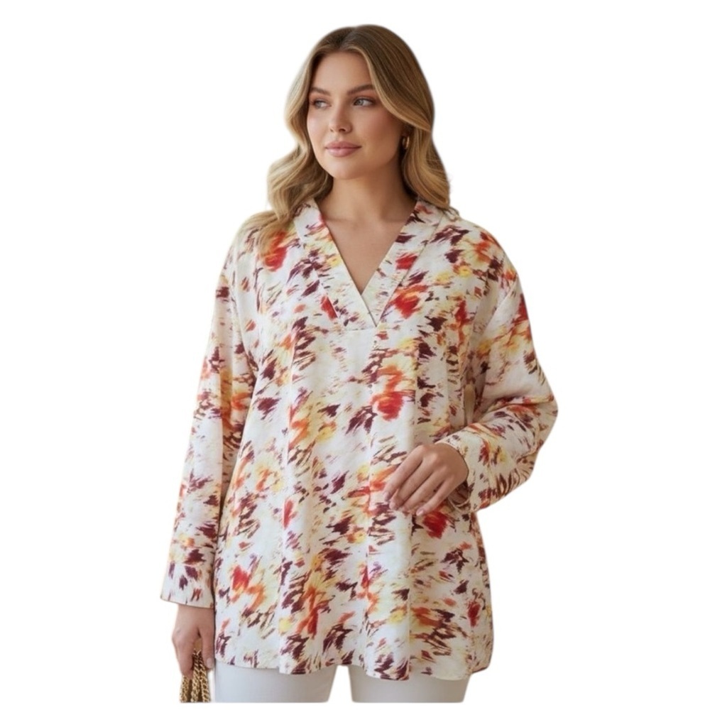 Terra & Sky Plus 2X Orange/Yellow/White Abstract Long Sleeve Hi-Lo Blouse